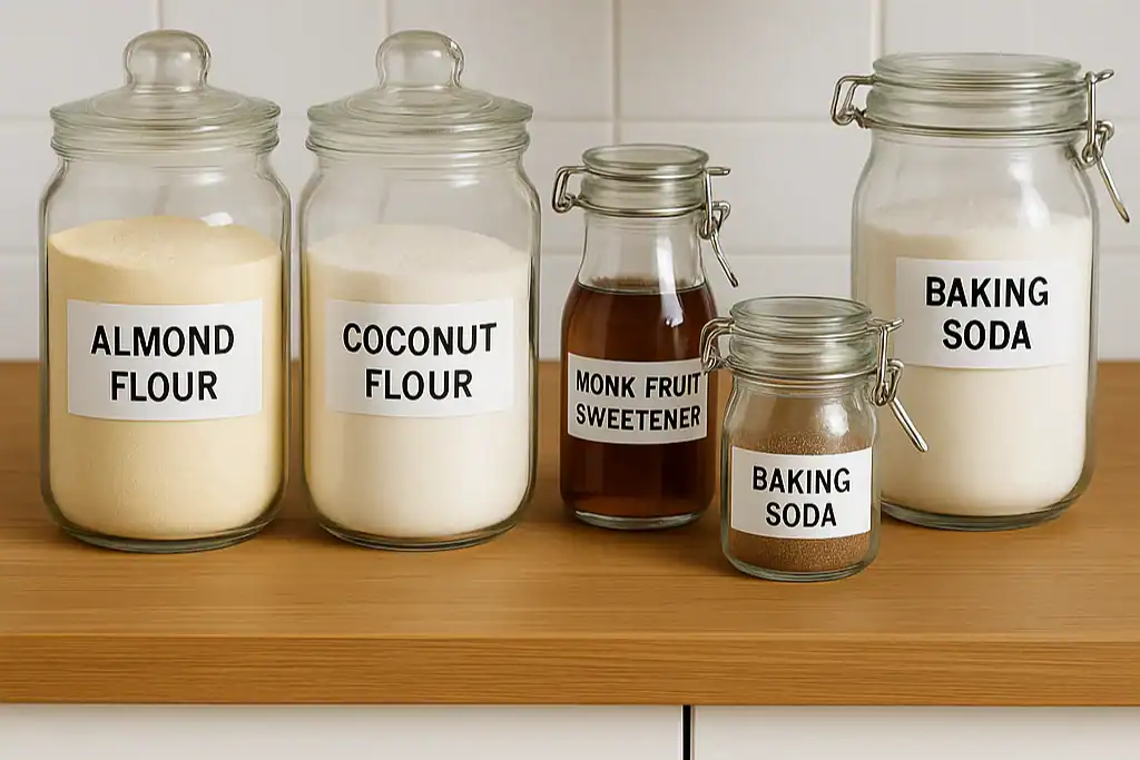 Illustrational image of low-carb pantry essentials including almond flour, coconut flour, monk fruit sweetener, baking soda, and psyllium husk in labelled jars.