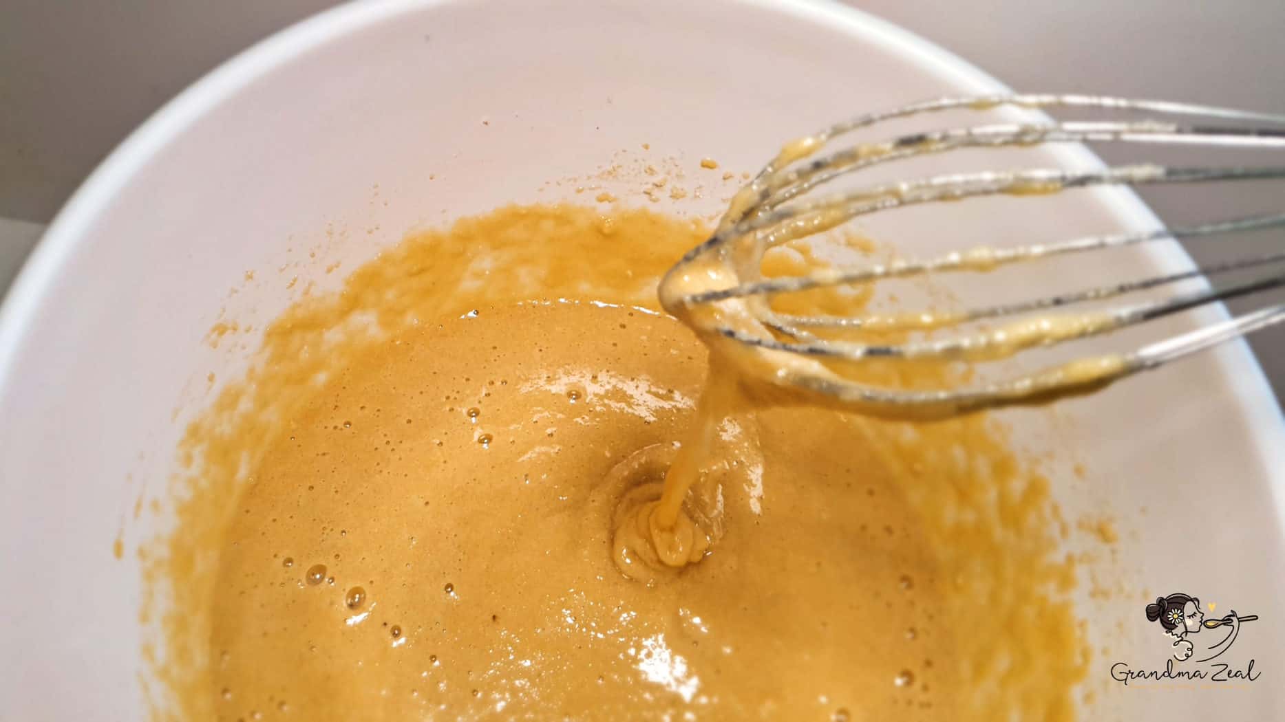Whipped mixture of eggs, almond flour, vanilla, and raising agents for vanilla sponge cake