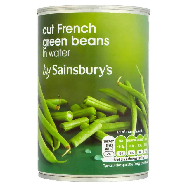 A tin with cut French green beans, ready to use for cooking.