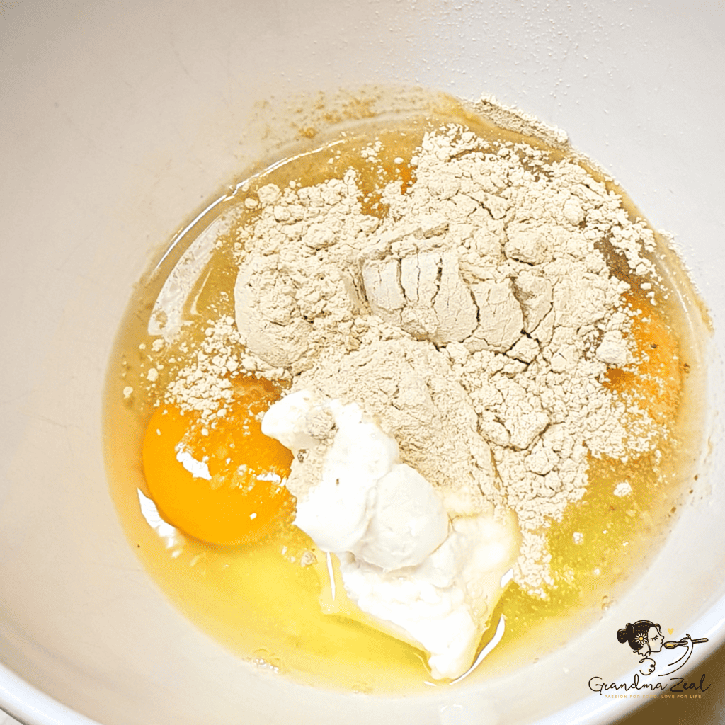 Ingredients for high-fibre pasta eggs, potato fibre, cheese cream and salt in the bowl