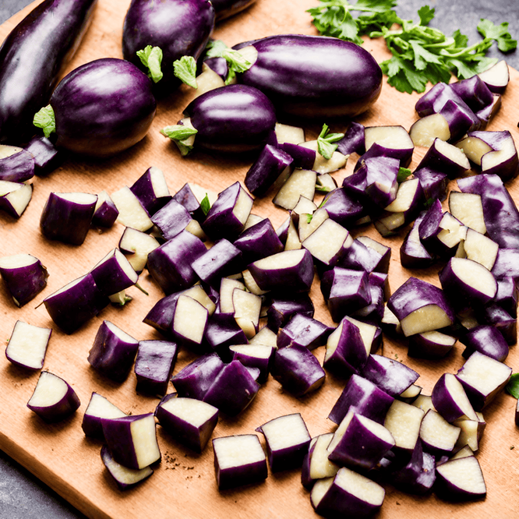 Cubed aubergines prepared for chicken-aubergine curry