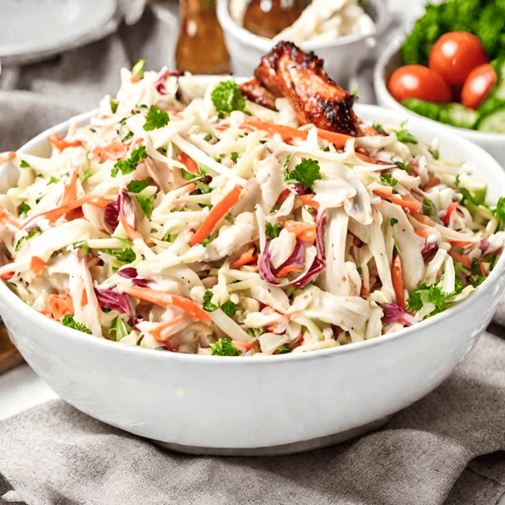 Healthy coleslaw with mostly white cabbage, light dressing, and parsley leaves on top
