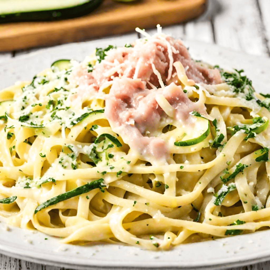 Side view of a plate with healthy pasta carbonara, layered with zoodles and creamy sauce, topped with grated parmesan and black pepper.