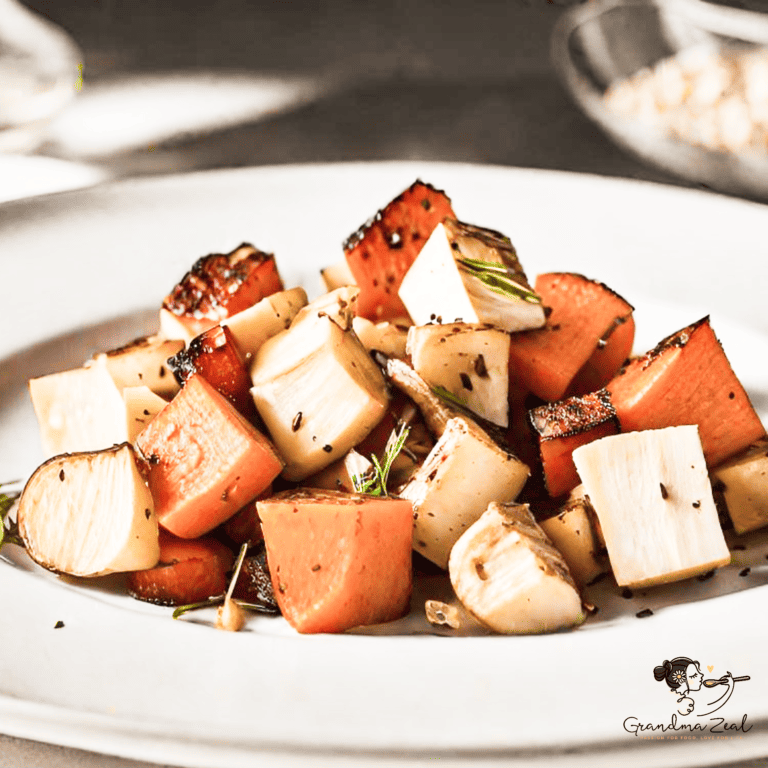 A plate of roasted root vegetables with squash, served as a colorful and healthy side dish.
