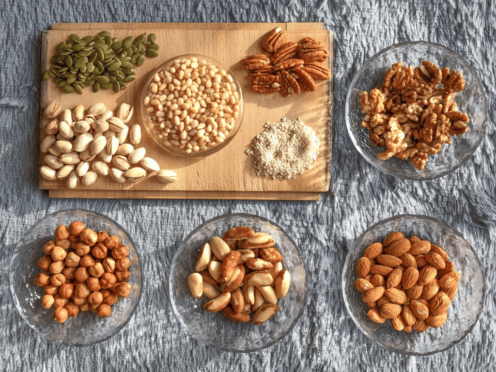 Mixed nuts and seeds for low-carb granola, including sesame seeds, pine nuts, Brazil nuts, pistachios, and more