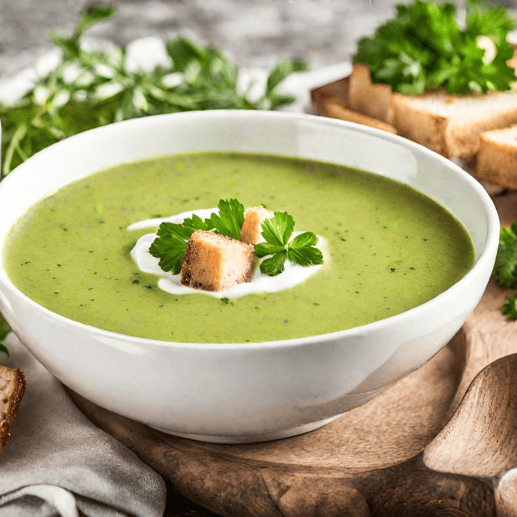 Side view of low-carb vegetable soup with cheese served in a white soup plate with sour cream and croutons