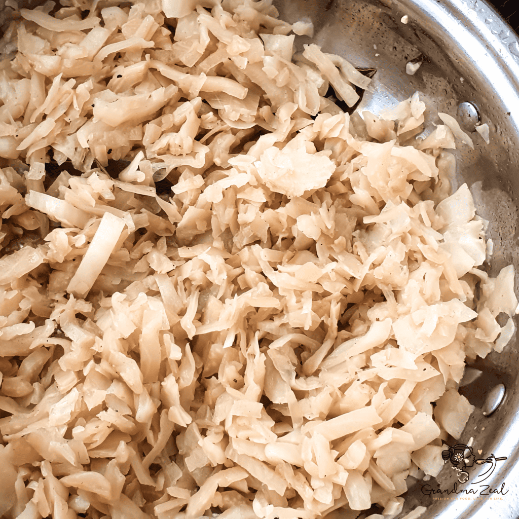 Cooked cabbage in a wide pot, softened and lightly wilted after cooking.