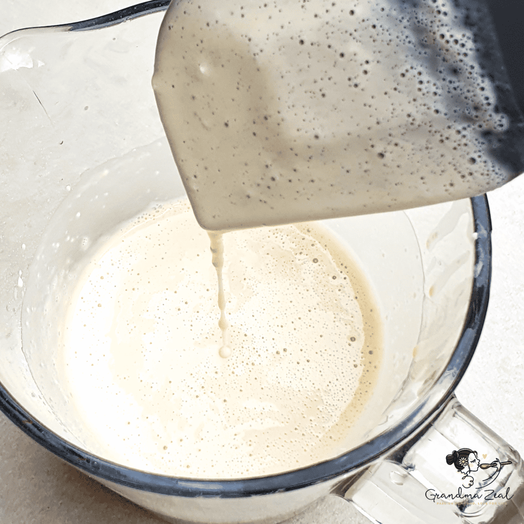 Batter for crepes showing how thick or runny it should be