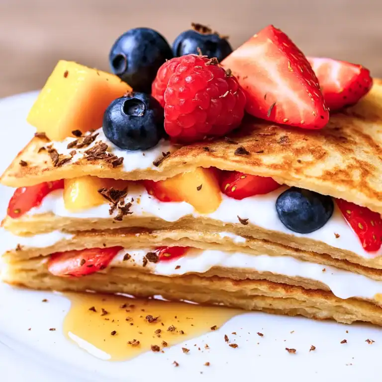 Portion of a pancake stack with creamy filling, topped with fresh berries and drizzled with maple syrup