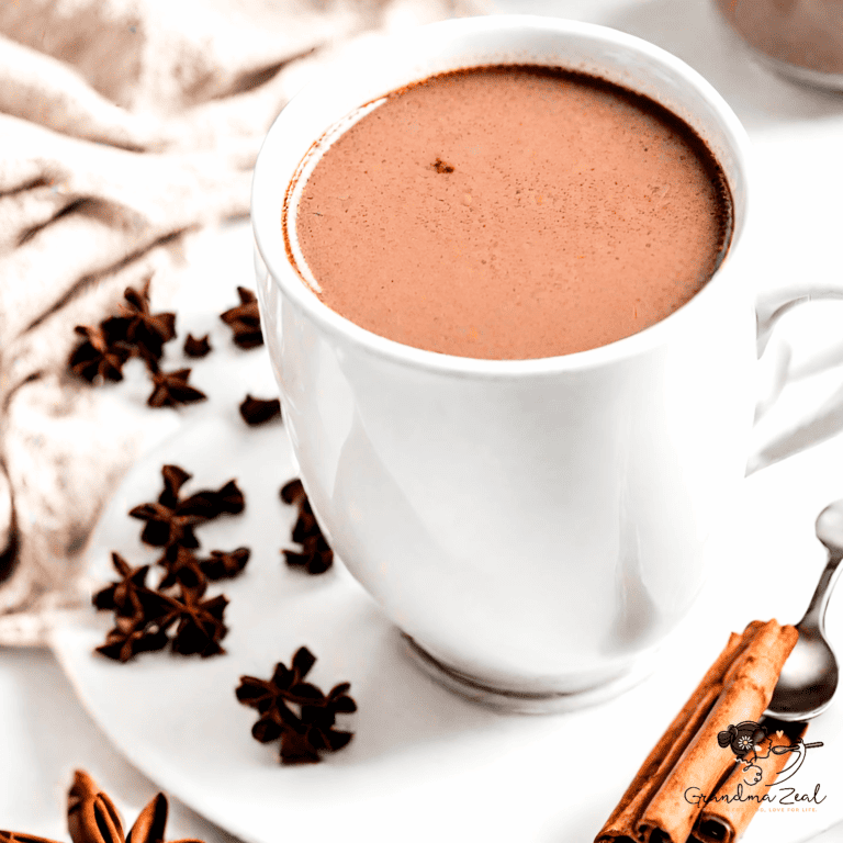 Hot chocolate in a mug decorated with a cinnamon stick, with chocolate clusters on the saucer