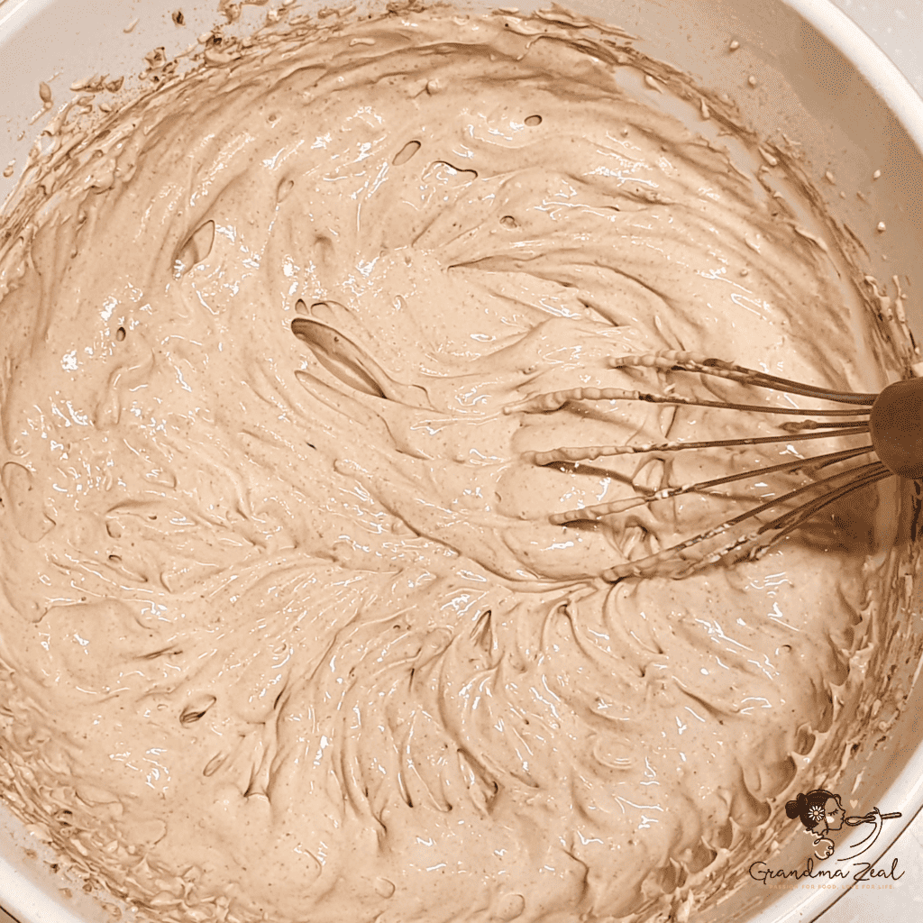 Chocolate cream frosting whisked to smooth texture in a mixing bowl