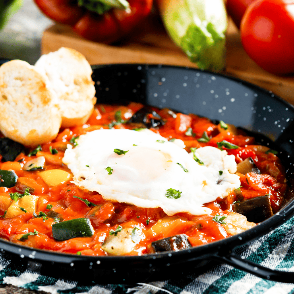 HOW TO COOK PERFECT POACHED EGG ratatouille int the frying pan with pouch egg and two slices of baguette