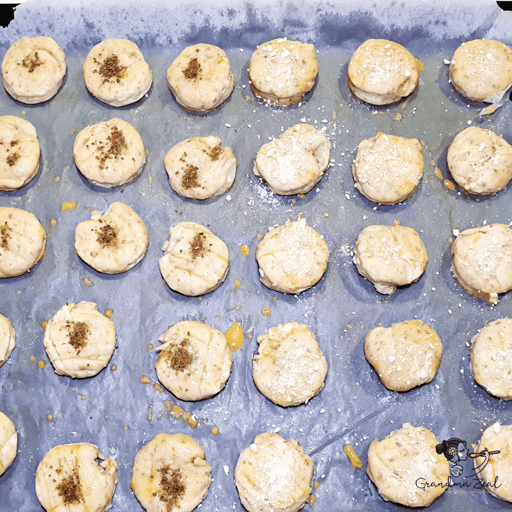 cut potato scones, on the baking tray, ready for baking