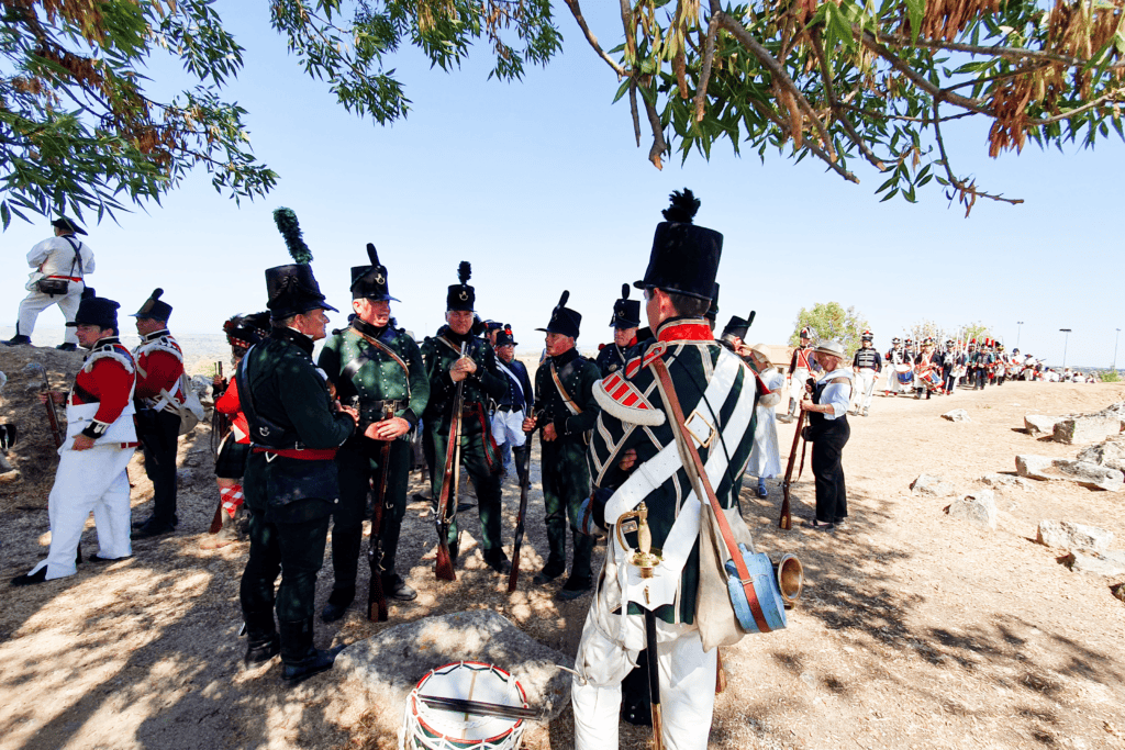 Napoleonic wars re-enactment, event in Spain in front is 2nd 95th Rifles preparing for the "battle" 