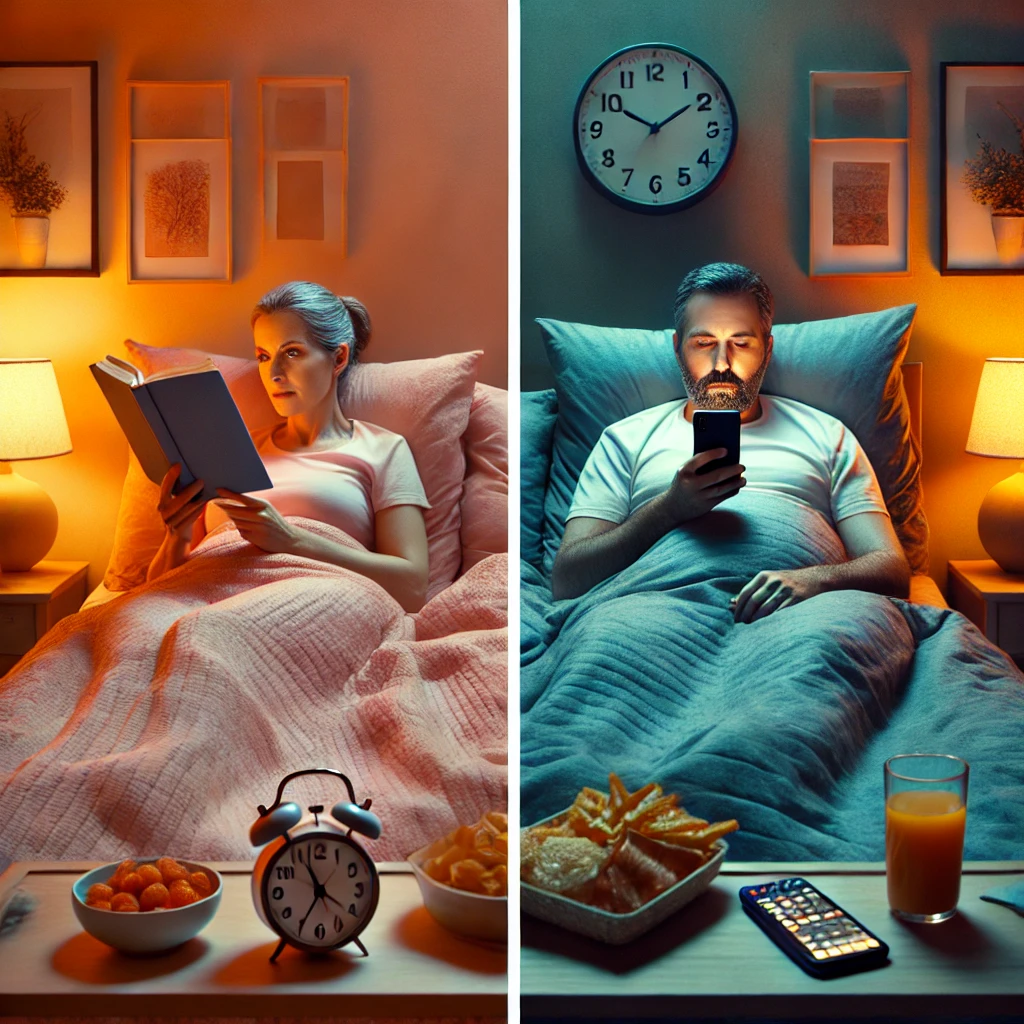 Duo pictures a woman lying in bed reading a book and a man in the bed scrolling on mobile