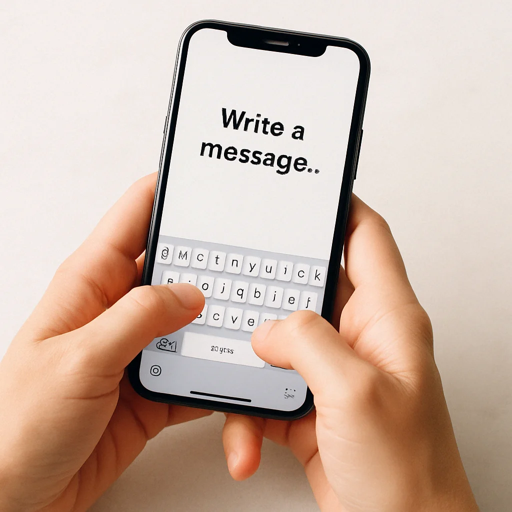 Hands holding a phone with 'Write a message' on screen,  illustration for the contact section of GrandmaZeal
