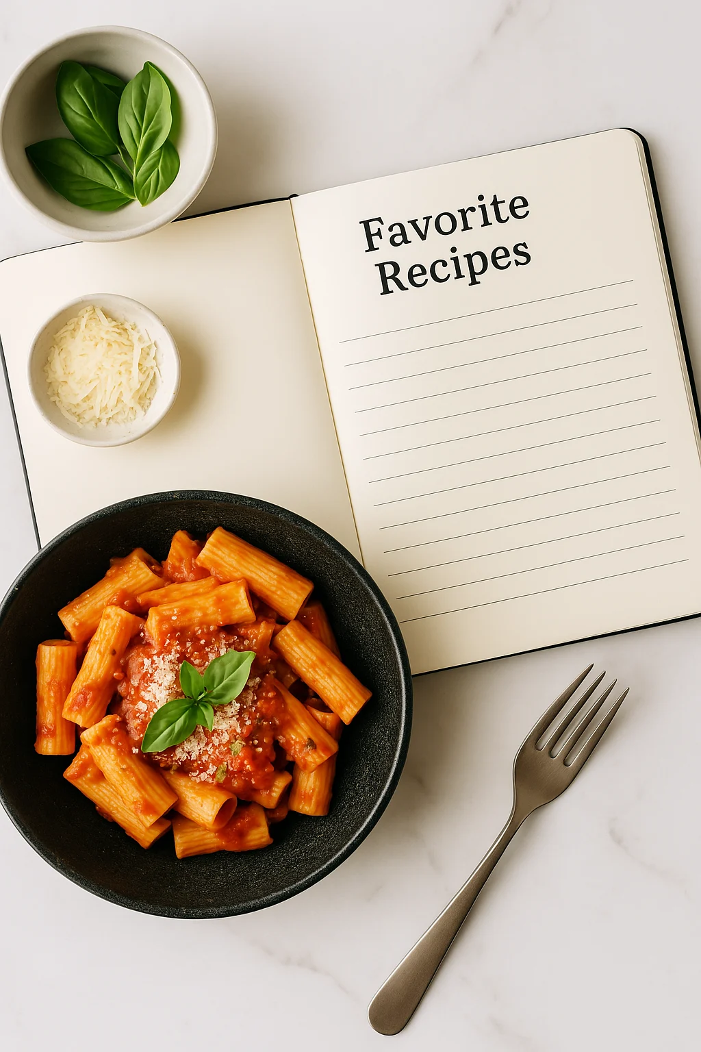 a bowl of pasta with sauce and basil next to a recipe book