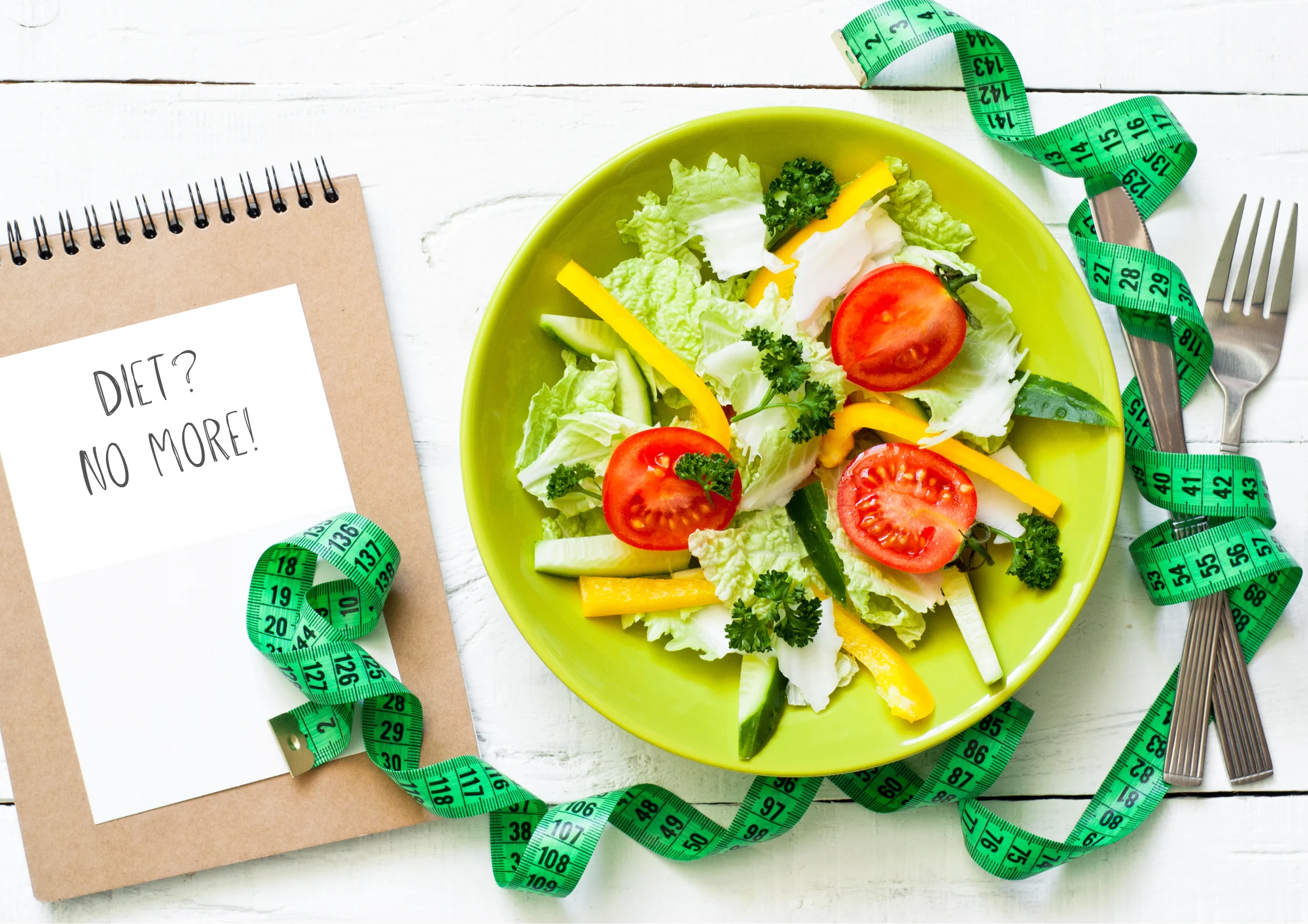 illustration feature picture showing bowl of salad a tape measure and a note block with text ditch the diet
