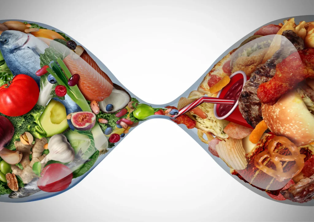 Conceptual image of an hourglass with fresh whole foods on one side and fast food on the other, symbolising the shift toward healthy eating habits for adults