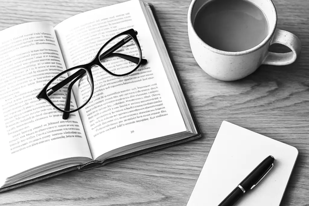 Open book with reading glasses and a cup of coffee on a wooden table, representing how to reset your mind and energy through calm reflection and awareness.