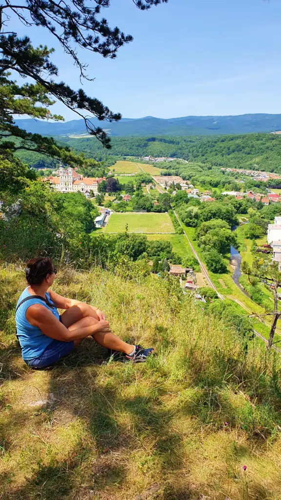 Woman sitting on a grassy hill overlooking a peaceful valley and village, symbolising reflection, clarity, and how to reset your mind and energy.