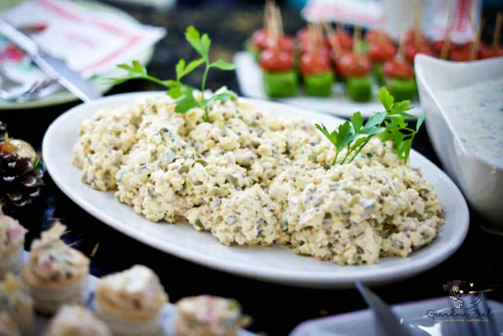 Traditional homemade potato salad served on a platter for a buffet or gathering