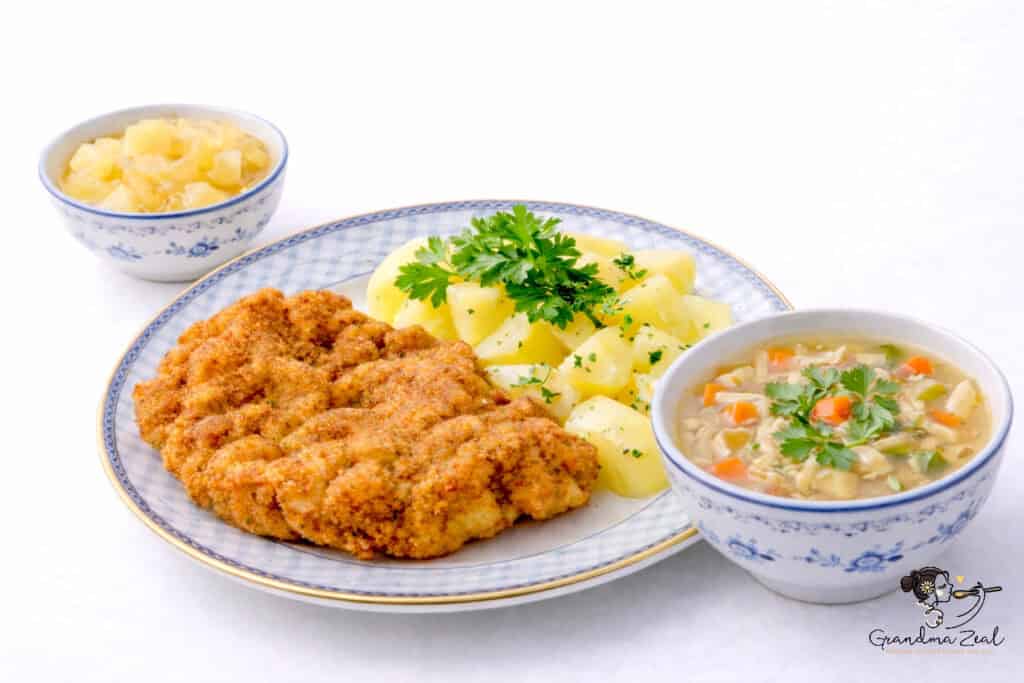 1970s-Style Fried Meat with Parsley Potatoes and Chicken Soup