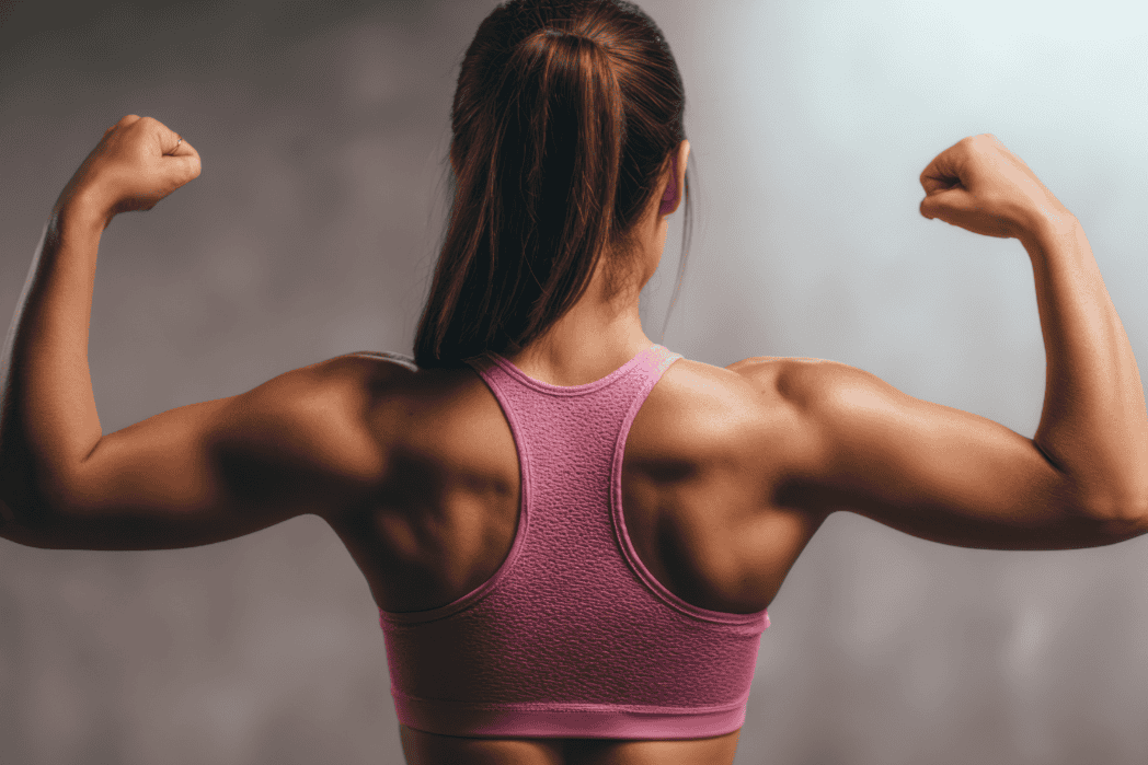 Back view of a person showing arms, shoulders, and upper back muscles, representing upper body exercises. symbol of stay active
