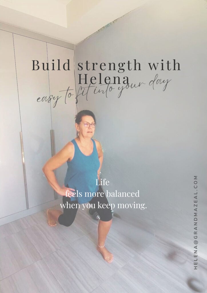
Helena performing a static lunge at home, demonstrating a beginner strength exercise from the Build Strength with Helena guide for women 50+.