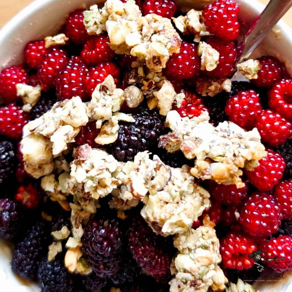 Close-up of a protein breakfast bowl topped with mixed berries and low-carb granola clusters